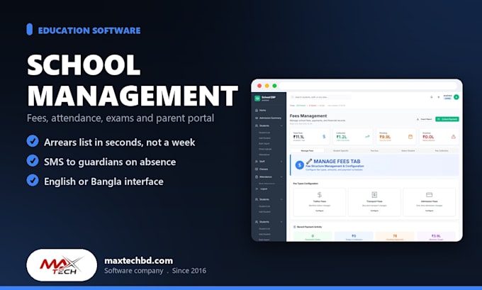 build school management software with fees attendance and exams