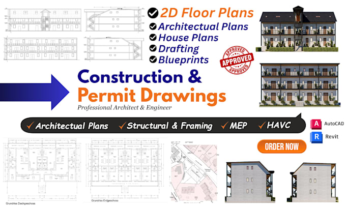 design construction drawings for city permit, architectural 2d floor plans, mep
