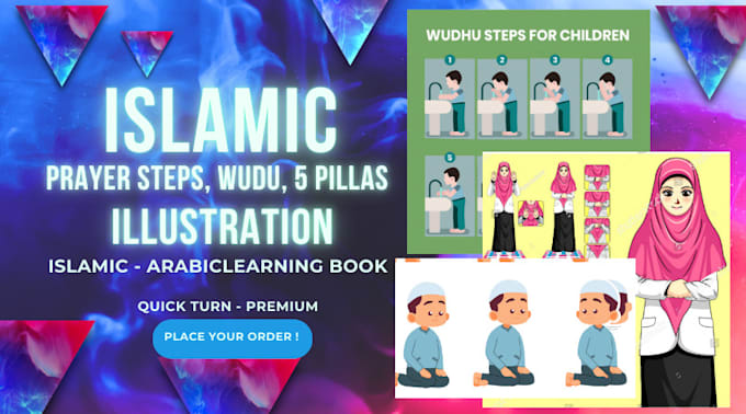 create islamic prayer steps, wudu steps illustration and arabic learning book