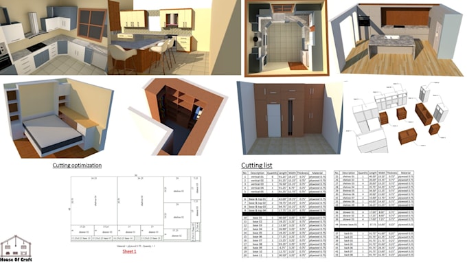 kitchen or dressing room design, cutting list and cutting diagrams