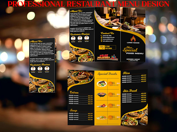 design elegant restaurant, catering, hotel menu flyer brochure
