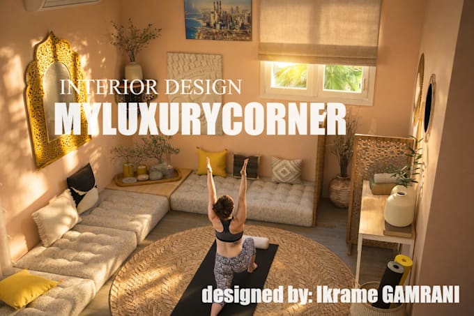 create a 3d rendering of a boho yoga room interior design
