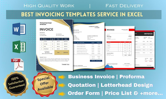 design custom invoice template quotation in excel, price list letterhead quote