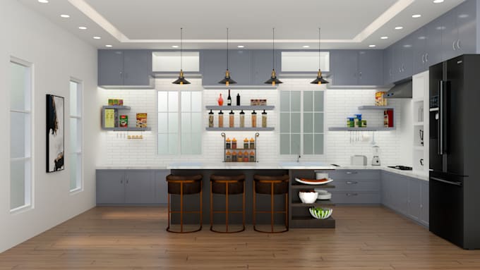 create kitchen interior design and 3d render