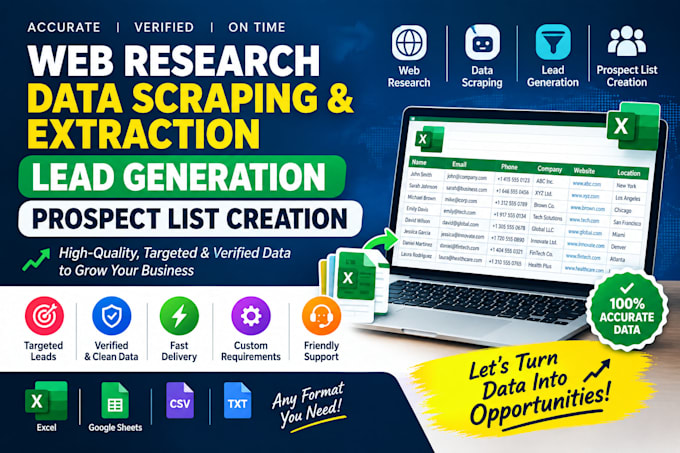 do web research, data scraping, extracting, lead generation, prospect listing