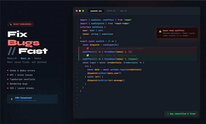 fix bugs and errors in your reactjs or nextjs application