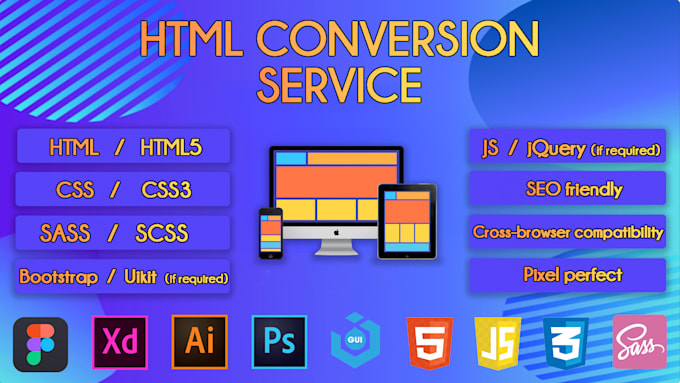 convert figma PSD xd to HTML CSS sass bootstrap uikit js jquery