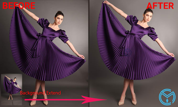 remove clothing wrinkle, retouch, extend studio background
