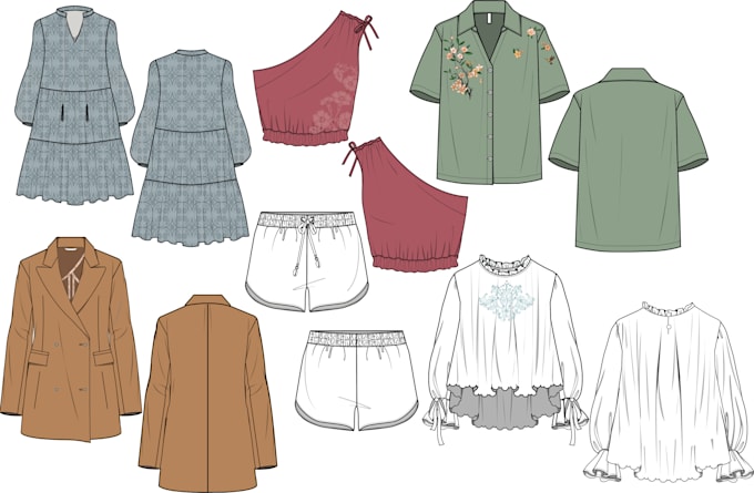 do garment technical sketch with color and print details