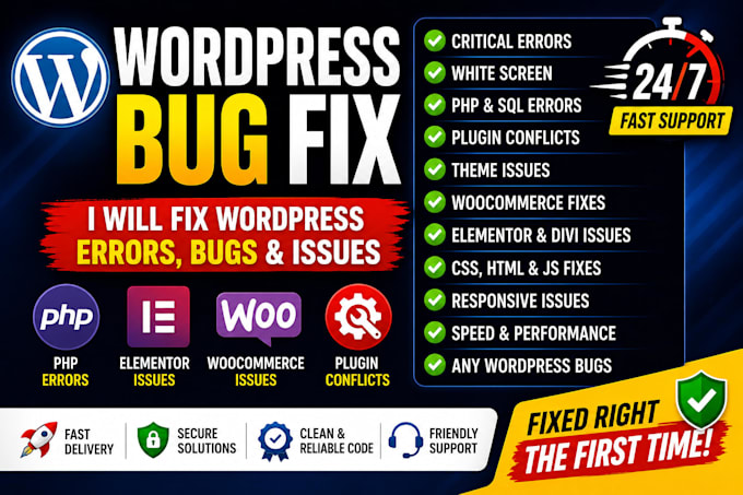 fix wordpress bugs, PHP errors, woocommerce and elementor issues