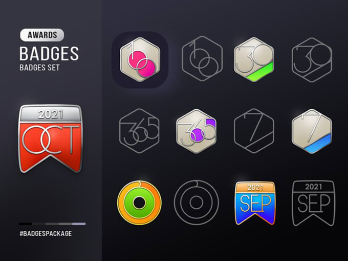 Design a set of apple fitness style badges, award badges in various