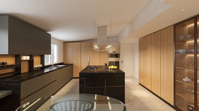create a realistic 3d kitchen design and render