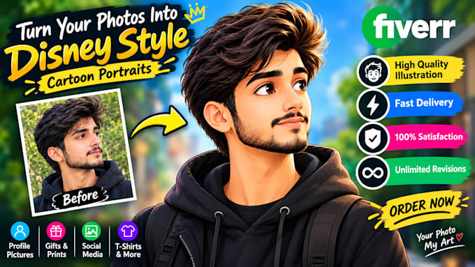 turn your portrait into a disney style cartoon illustration