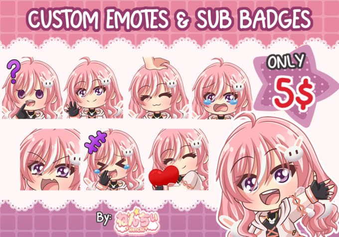 create cute custom chibi anime twitch emotes and sub badges