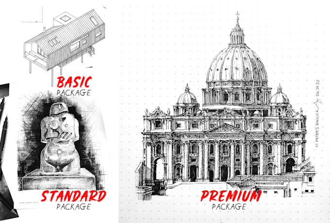 draw architectural or urban sketches by hand in pen and ink