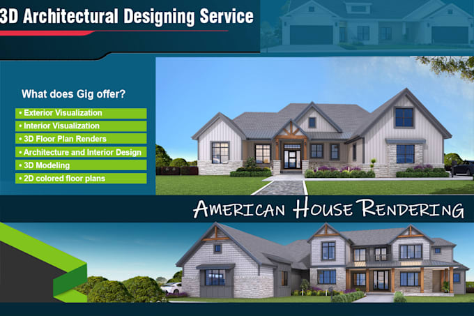 do high quality exterior 3d architectural render for US residential plan