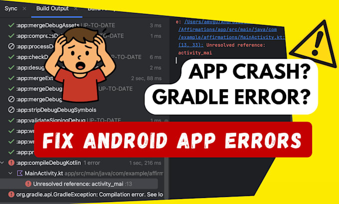 debug and fix bugs, issues, crashes, and errors in the android studio and apps
