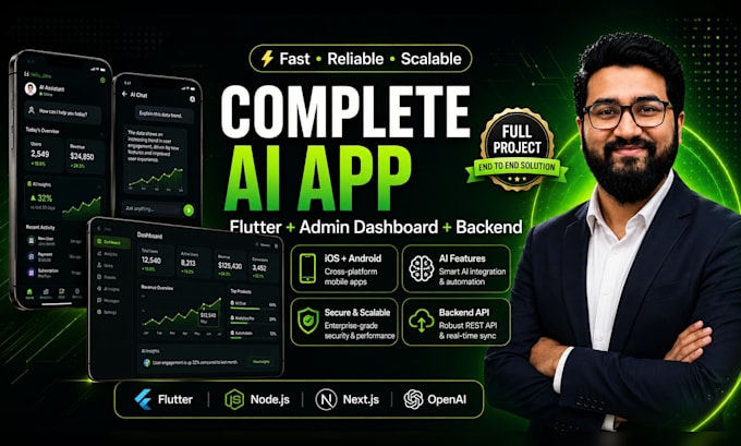 build a complete flutter app with dashboard backend and ai