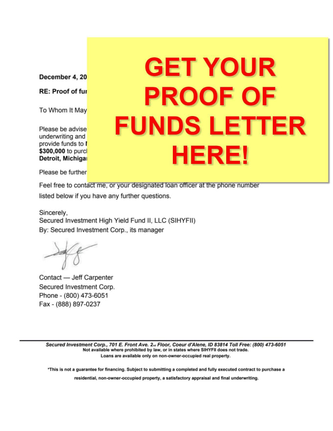 provide you a proof of funds hard money real estate funds letter