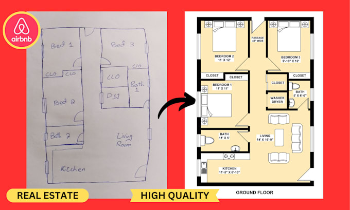 redraw 2d floor plan in autocad for real estate and airbnb