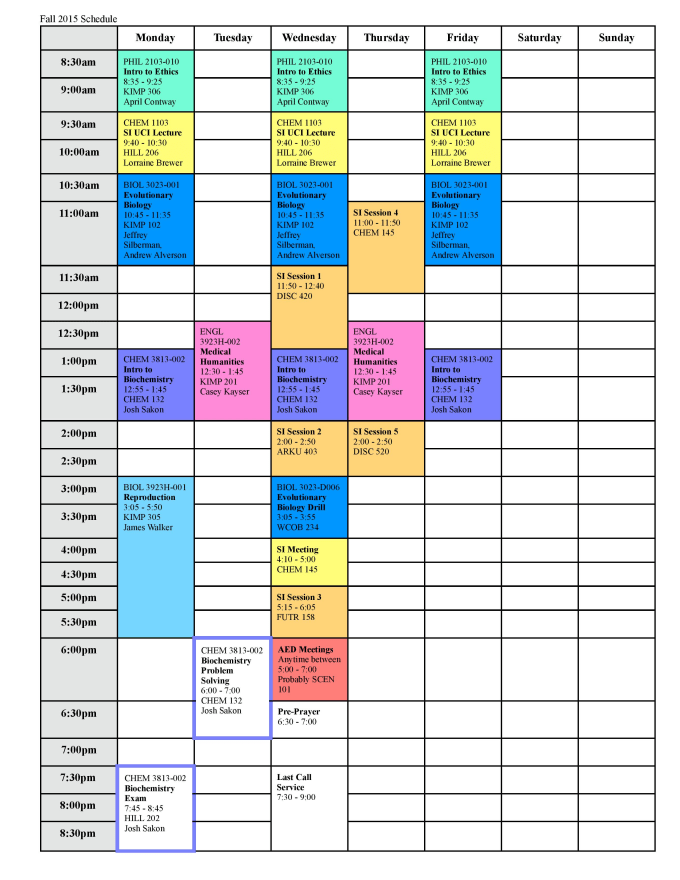 Create a color coded weekly or monthly calendar schedule by