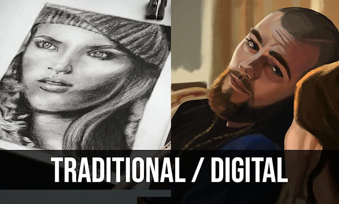 create portraits in charcoal drawing or digital painting