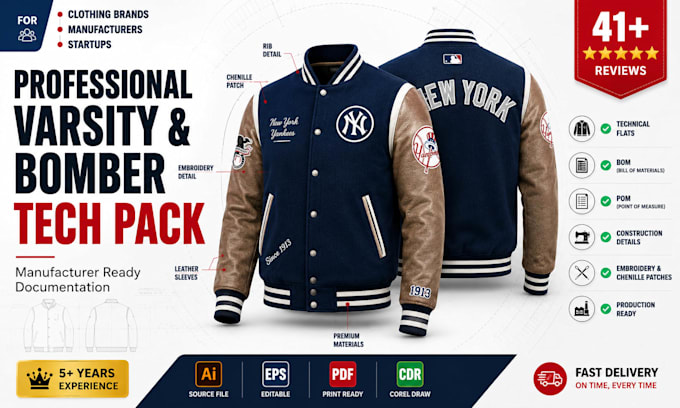 create a varsity or bomber jacket tech pack for manufacturers