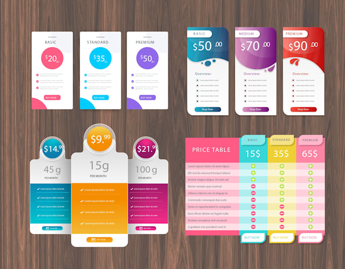 design a PSD pricing table, checklist, or comparison chart