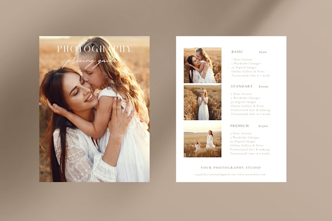 design a photography pricing guide, price list, sell sheet in canva