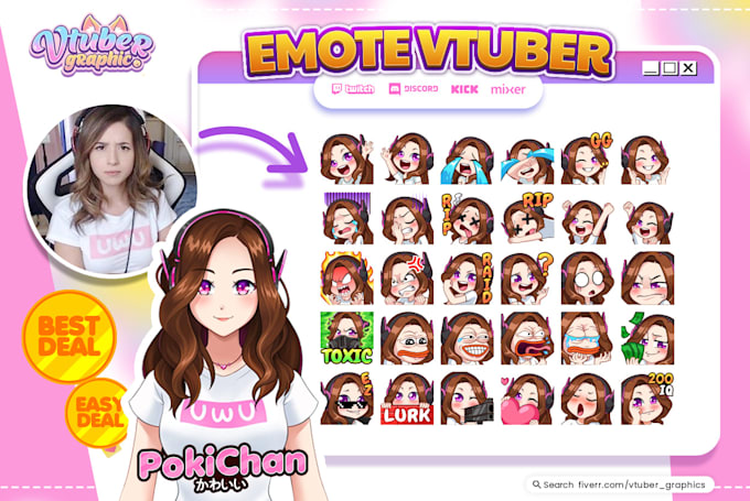 create kick cute vtuber emotes anime style or twitch emotes cartoon style