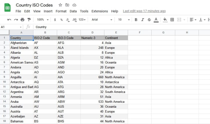 list of countries and iso codes excel