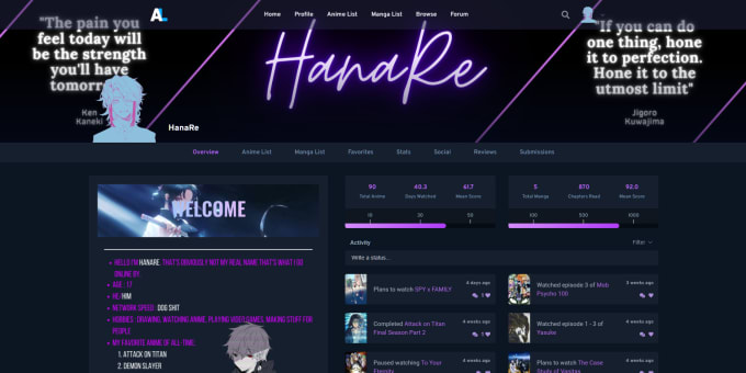 Make a custom banner or layout for your anilist page by Hanare11 Fiverr