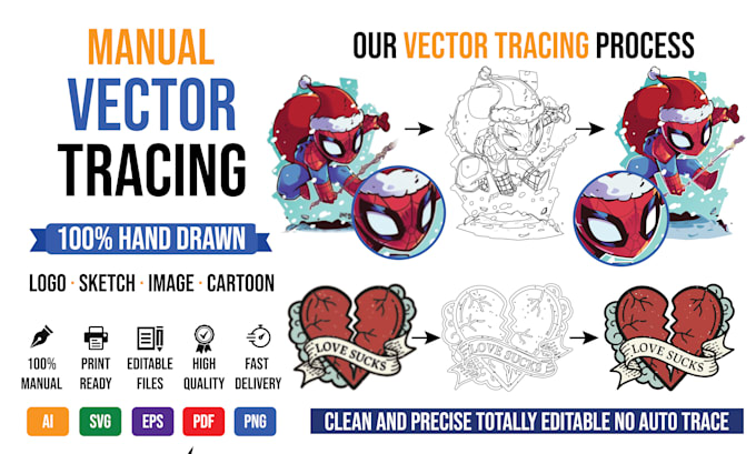 do manual vector tracing, logo, sketch and cartoon character