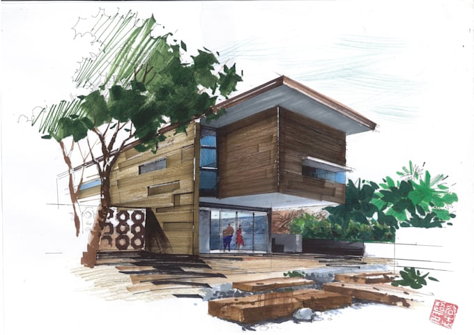 create a high quality architectural hand drawn sketch
