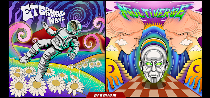 create surrealism psychedelic album cover and merch band