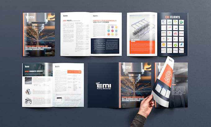 design company brochure, annual report,  product catalog and marketing materials