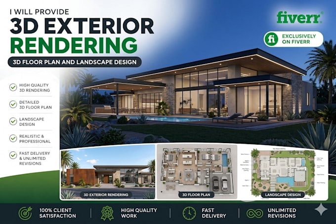 provide 3d exterior rendering 3d floor plan and landscape design