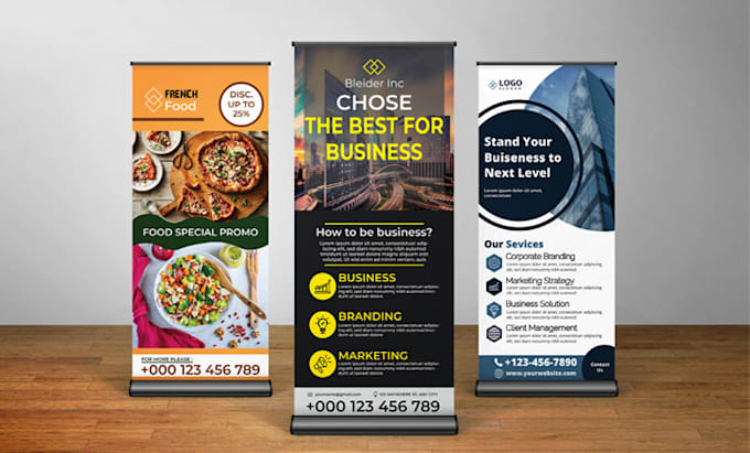 design modern roll up, x stand and retractable banner