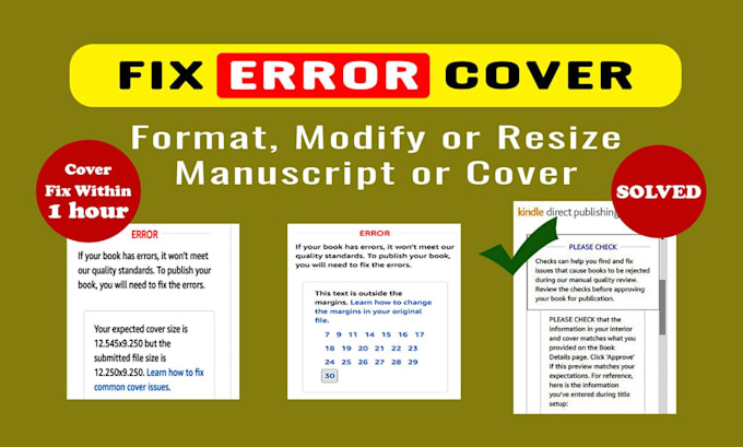 Fix the error cover, manuscript, format, resize, modify, edit the cover ...