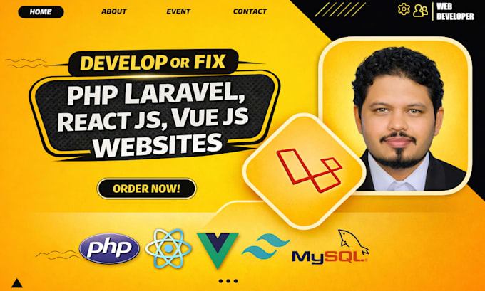 develop or fix php laravel, react js, vue js website
