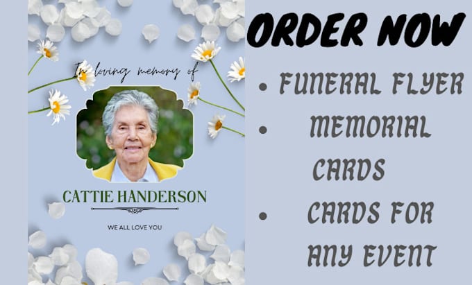 design funeral flyers, birthday, invitations, menu, and party cards