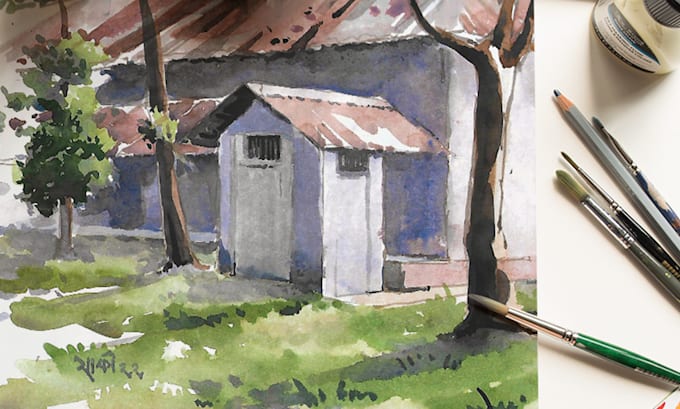 paint landscape and architechtural structure with watercolor