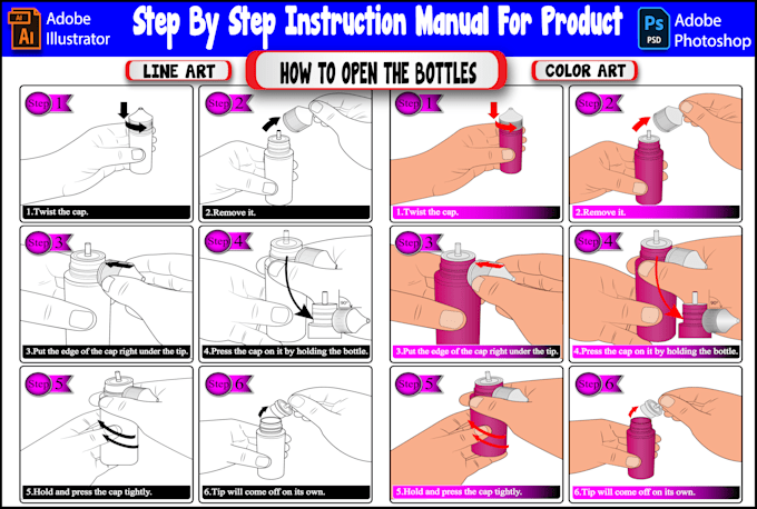 create vector line art draw step by step instruction manual for your product