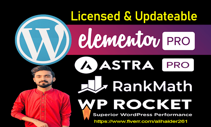 install elementor pro, astra pro, wp rocket, rank math seo