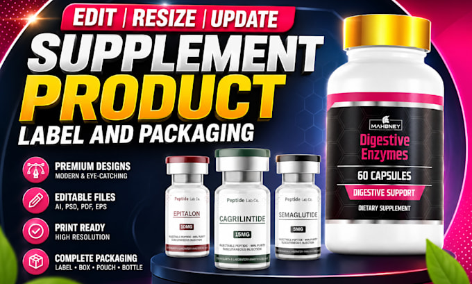 edit resize peptide vial label, supplement packaging design
