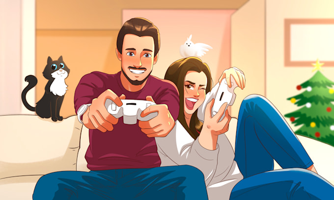 draw a custom disney style cartoon portrait for couples or families
