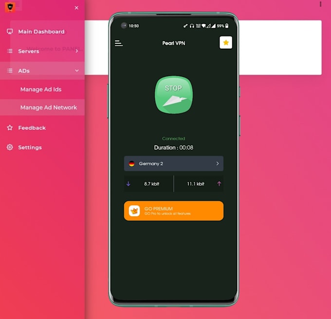 make VPN app and admin panel for passive income