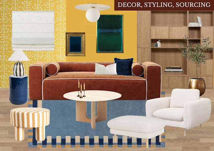 create interior mood board, 2d floor plan, shopping list
