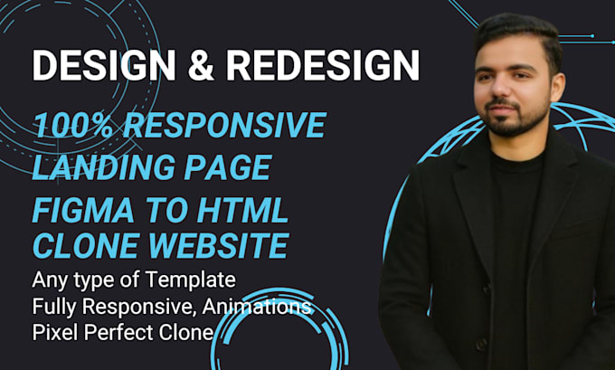 design landing page, responsive clone with HTML, tailwind CSS, js, vue, react