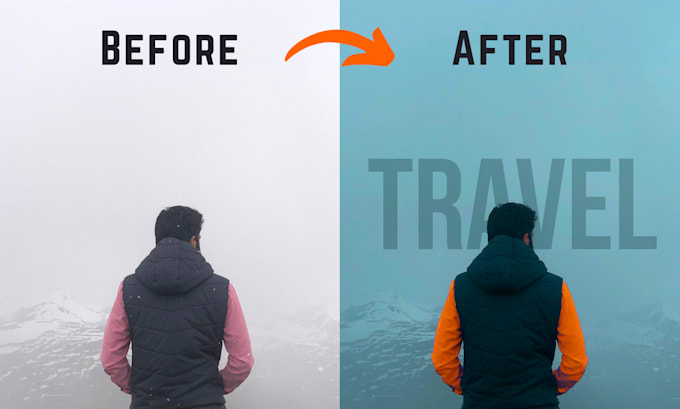 do photoshop edit, color grading, add text behind objects